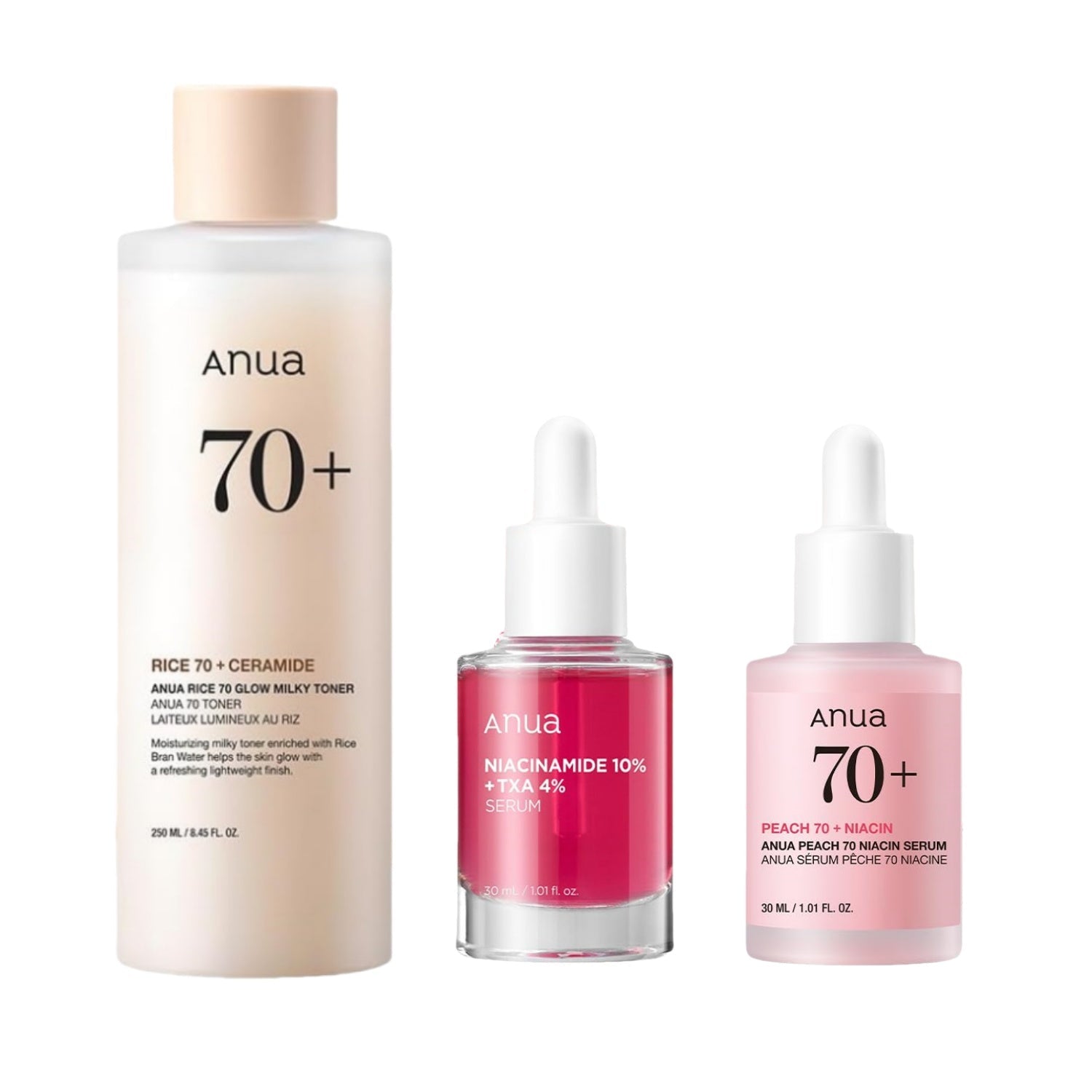 Anua 6-Piece Skincare Set featuring soothing toner, niacinamide serum, daily lotion, cleansing foam, cleansing oil, and niacin serum for complete skincare routine.