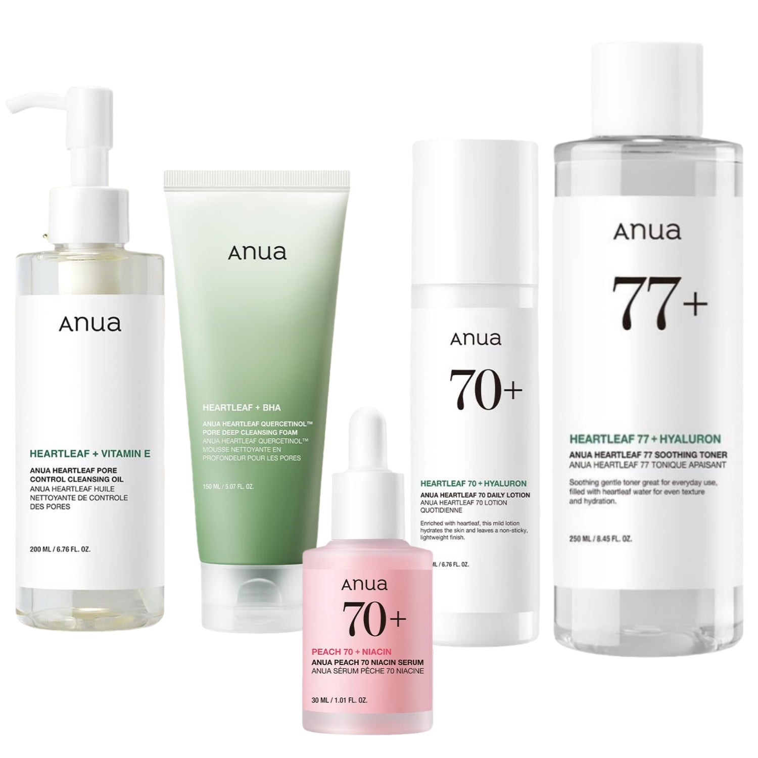 Anua 6-Piece Skincare Set with Heartleaf extract products for calming, hydrating, and brightening skin.
