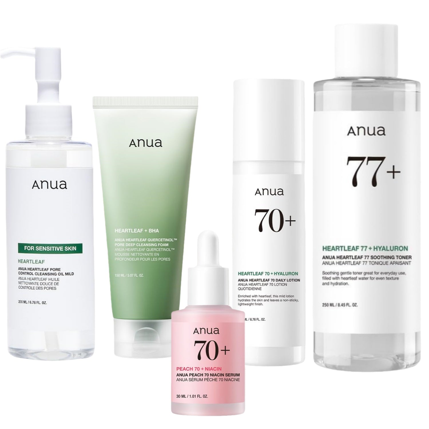 Anua 6-Piece Skincare Set for calm, hydrated, and radiant skin with natural ingredients.