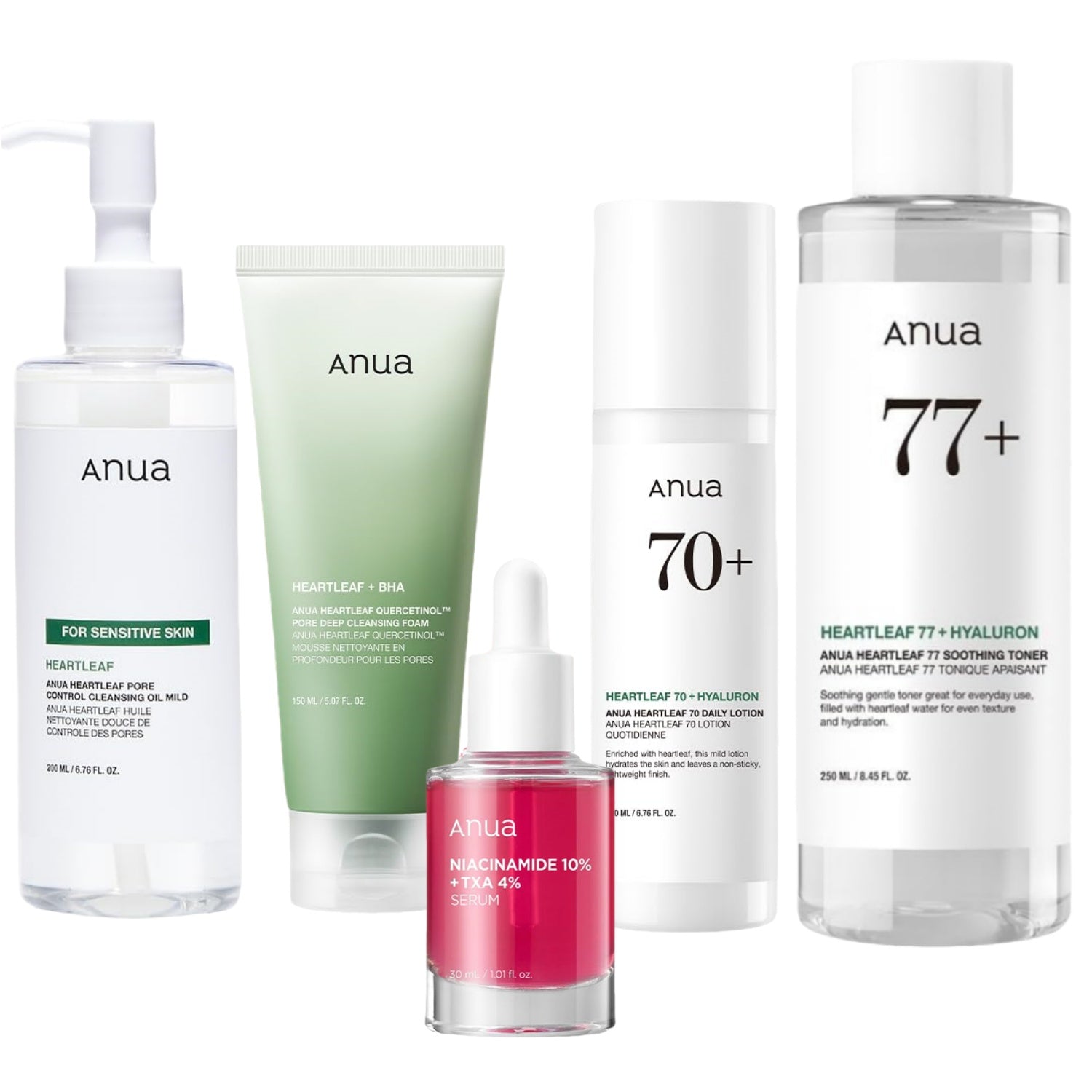 Anua 6-Piece Skincare Set with heartleaf toner, niacinamide serum, lotion, cleansing foam, cleansing oil, and hydrating serum.