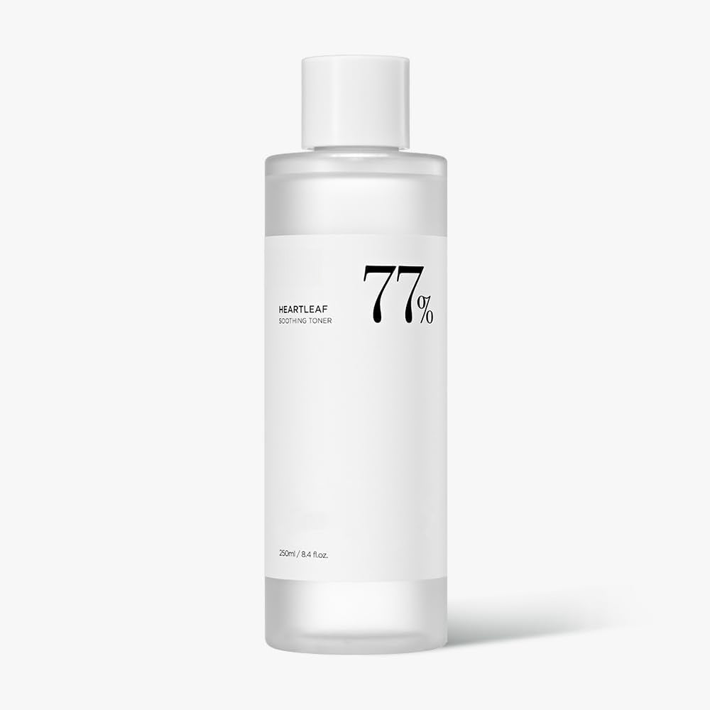 Anua Heartleaf Soothing Toner 250ml bottle with 77% heartleaf extract for calming and hydrating skin.