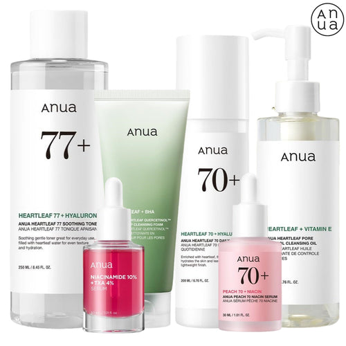 Anua 6-Piece Skincare Set with soothing toner, niacinamide serum, daily lotion, cleansing foam, cleansing oil, and niacin serum.