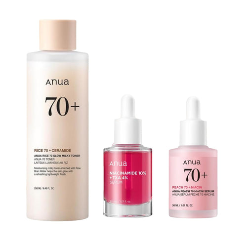 Anua 6-Piece Skincare Set featuring soothing toner, niacinamide serum, daily lotion, cleansing foam, cleansing oil, and niacin serum for complete skincare routine.
