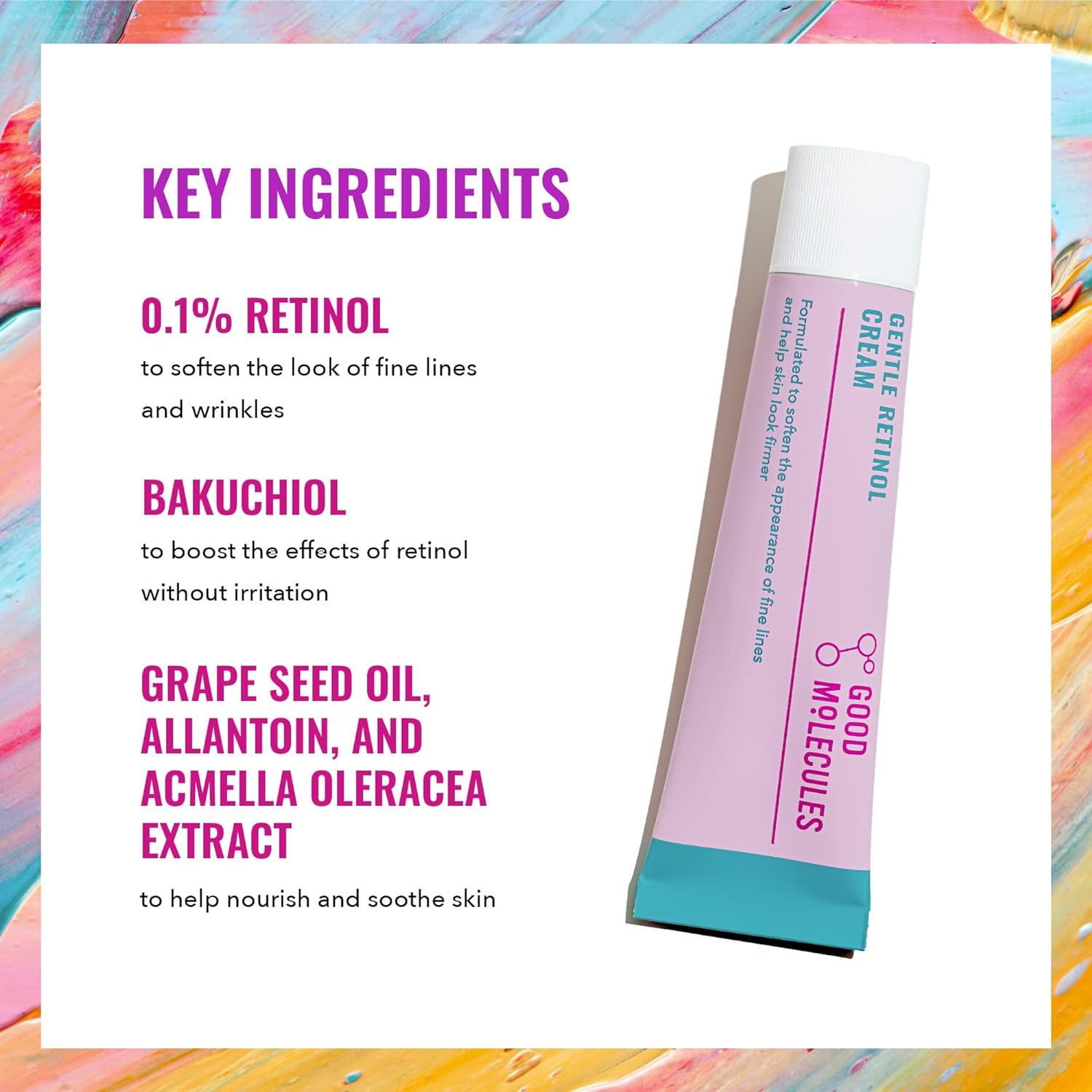 Good Molecules Gentle Retinol Cream 30ml with key ingredients for anti-aging and soothing skin benefits.