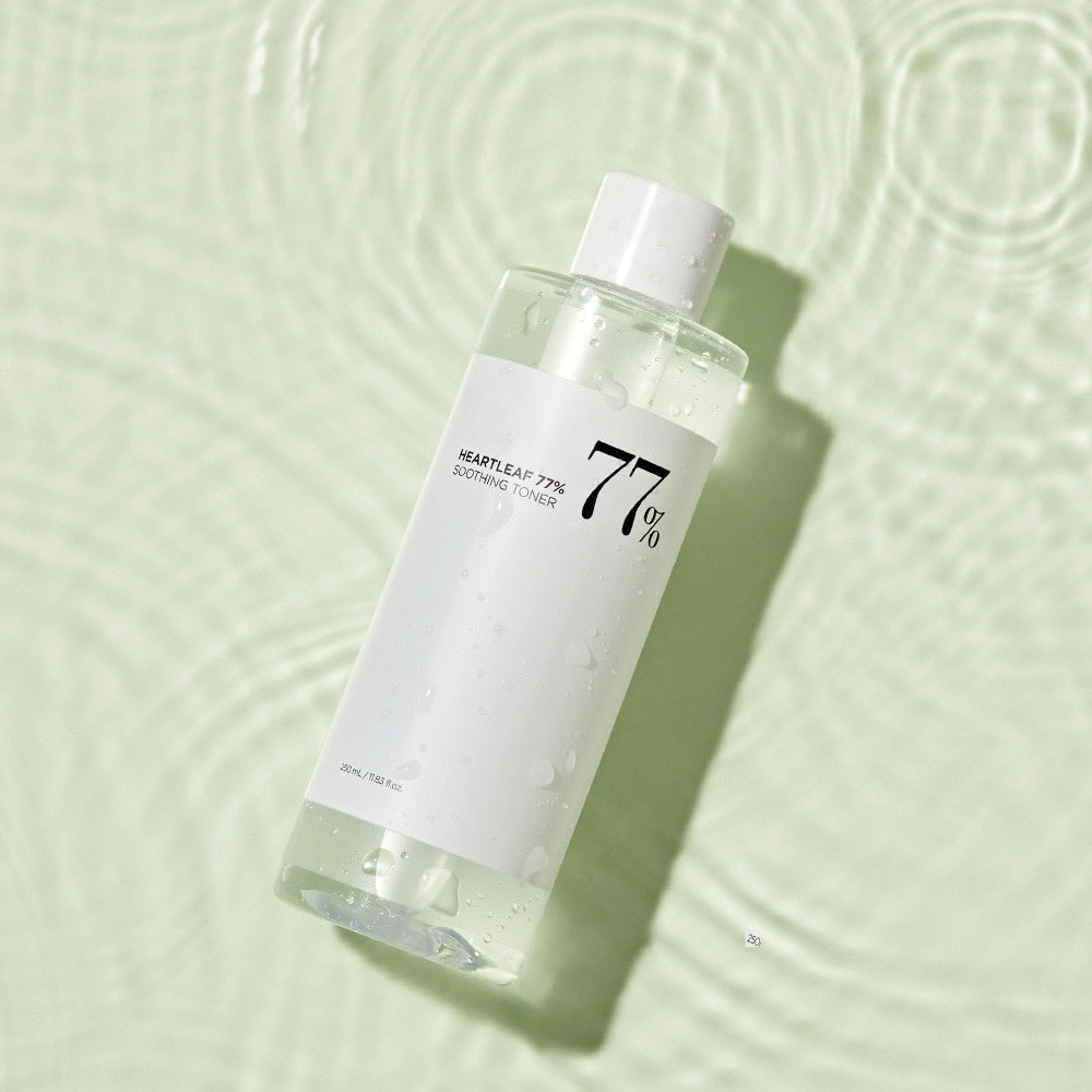 Anua Heartleaf Soothing Toner 250ml bottle with 77% heartleaf extract for calm, clear skin.